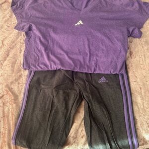Adidas Purple V-Neck Tee and Black Track Pants Set